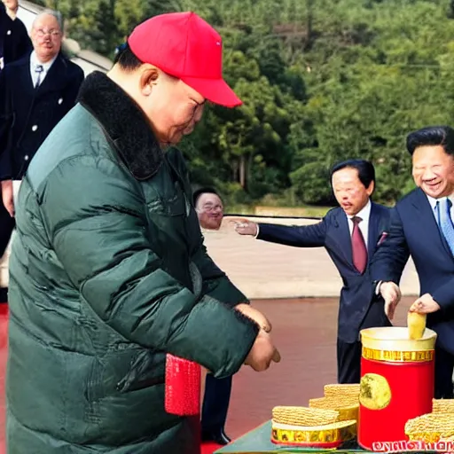 Image similar to A high quality photograph Xi Jinping sticking his hand in a honey jar, 85mm