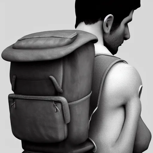 Image similar to small fragile jewish man with a big nose and big backpack on his back, 8k resolution, full HD, cinematic lighting, award winning, anatomically correct