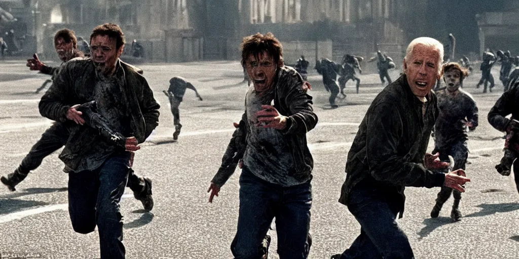 Image similar to movie still of joe biden running away from a hoard of infected zombies in the movie 2 8 days later, detailed, real, cinematic