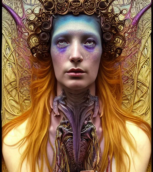 Image similar to detailed realistic beautiful young groovypunk queen of andromeda galaxy in full regal attire. face portrait. art nouveau, symbolist, visionary, baroque, giant fractal details. horizontal symmetry by zdzisław beksinski, iris van herpen, raymond swanland and alphonse mucha. highly detailed, hyper - real, beautiful