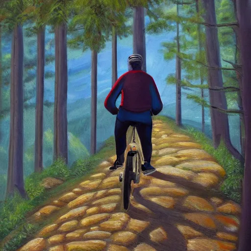 Image similar to man biking up a steep forest hill with a deep blue sweater. sweaty. Oil painting. Emotional. Trending on artstation. Steep. Trees.