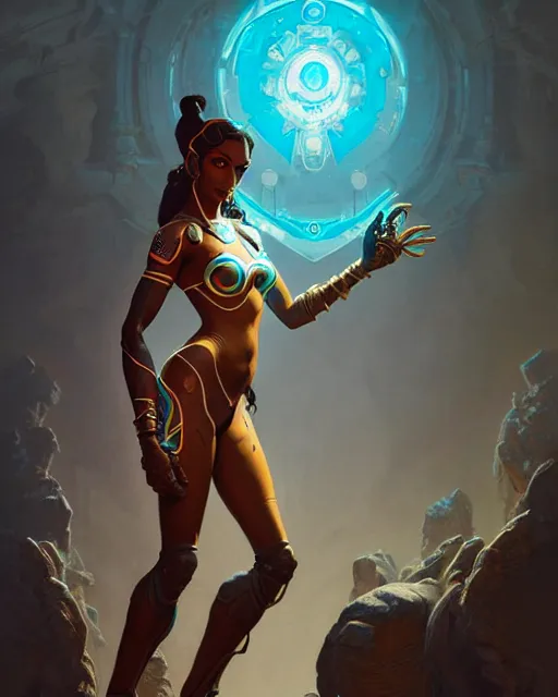 Image similar to symmetra from overwatch, character portrait, concept art, intricate details, highly detailed by greg rutkowski, michael whelan and gustave dore