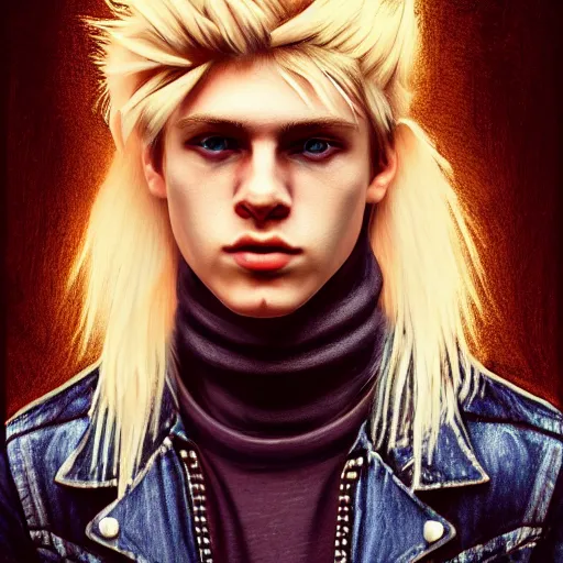 Image similar to A videogame portrait of a blond young Irish man. Rock star. Dressed in 1980s style. Highly detailed, fine Art, high detail, great lighting, 8k resolution, masterpiece, concept art, illustration, clear eyes, painting oil on canvas, octane render, HDR, trending on artstation, 4k, 8k, HD