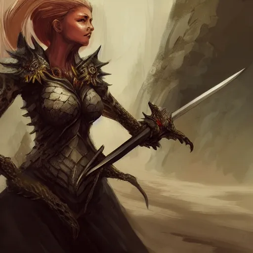 Image similar to a woman holding a sword with a dragon on it, concept art by Ami Thompson, contest winner, fantasy art, official art, concept art, high detail, experimental, high quality, 4k