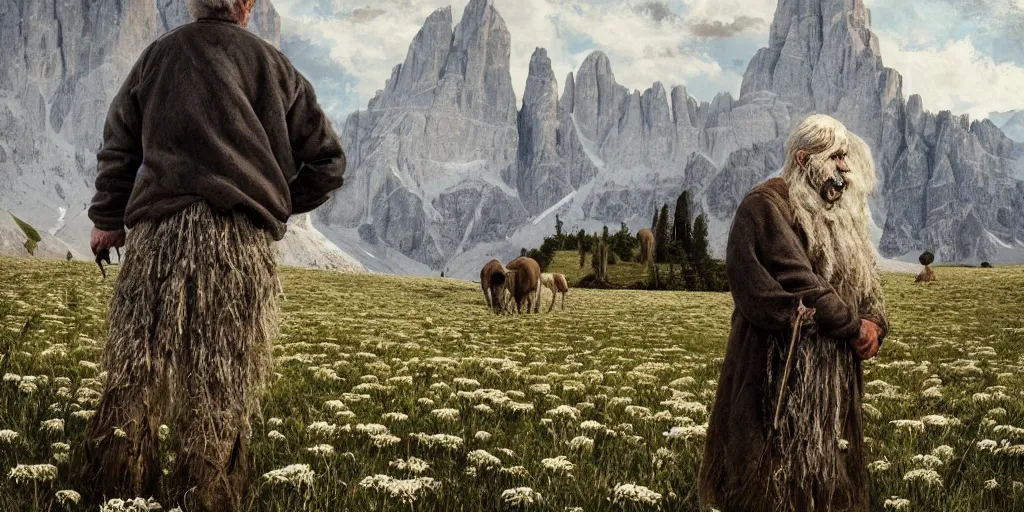 Prompt: old farmers turning into edelweiss monsters ,roots and hay coat, dolomites in background, dark, eerie, despair, portrait photography, artstation, digital art, adward winning, concept art, artstation, highly detailed, sharp focus, by caravaggio