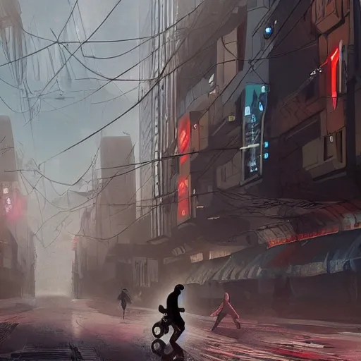 Prompt: walking through an ominous asian scifi city after rain, hoverbike and figure on the side, digital art, trending on artstation