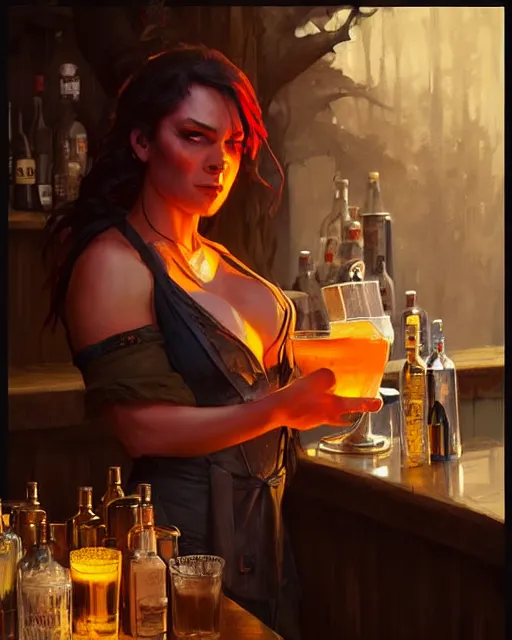 Prompt: orc bartender serving drinks | | realistic shaded, fine details, fine - face, pretty face, realistic shaded lighting poster by greg rutkowski, magali villeneuve, artgerm, jeremy lipkin and michael garmash and rob rey