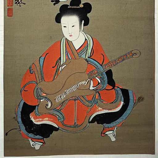 Prompt: the Chinese ancient painting of a lady playing rock guitar in Tang Dynasty , by Han Xizai