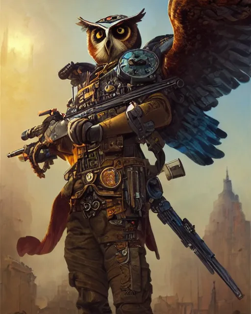 Image similar to oil painting of Owl Soldier holding steampunk gun, sharp focus, exploding golden steampunk city background, full body, heroic pose, fantasy style, octane render, volumetric lighting, 8k high definition, by greg rutkowski, highly detailed, trending on art Station, magic the gathering artwork, centered, dramatic artwork, combat scene