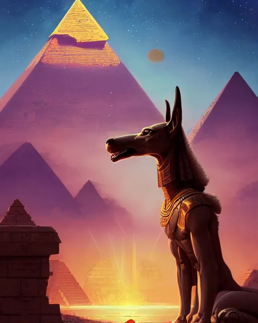 Image similar to highly detailed vfx portrait of a egyptian god anubis talking to horus with pyramid behind them, sky galaxy purple, unreal engine, greg rutkowski, loish, rhads, beeple, makoto shinkai and lois van baarle, ilya kuvshinov, rossdraws, tom bagshaw, alphonse mucha, global illumination, detailed and intricate environment