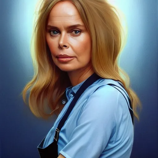 Image similar to portrait of a blonde fuller figured middle aged barbara bach from the bond film wearing blue dungarees and eating ice creams with michael mcintyre wearing a blue shirt and chinos in porto, real life skin, intricate, elegant, highly detailed, artstation, concept art, smooth, sharp focus, art by artgerm and greg rutkowski and alphonse mucha