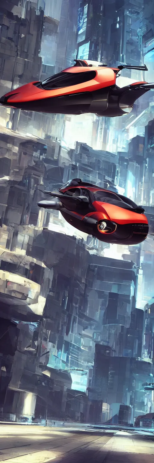 Image similar to octane render of new cyberpunk flying hover version of Renault sandero from 2077 in the city of future by syd mead