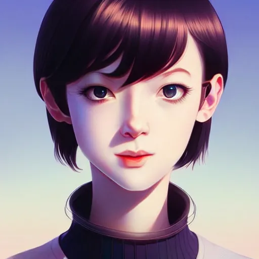 Image similar to youth sean young very slightly smiling, occlusion shadow, specular reflection, rim light, unreal engine, range murata, artstation, pinterest, art by hiroaki samura and ilya kuvshinov and rossdraws, intricate, highly detailed 8 k, art deco illustration, extremely beautiful shape of face, neck, shoulders eyes