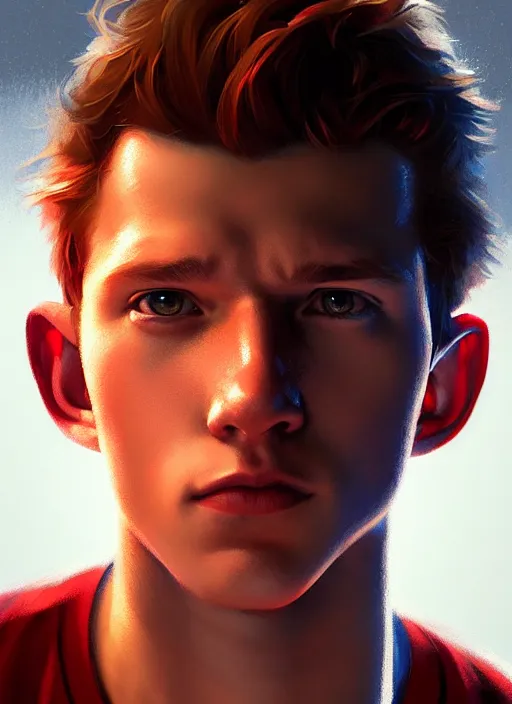 Image similar to portrait of tom holland with hazel eyes, hazel eyes, red shirt, intricate, elegant, glowing lights, highly detailed, digital painting, artstation, concept art, smooth, sharp focus, illustration, art by wlop, mars ravelo and greg rutkowski