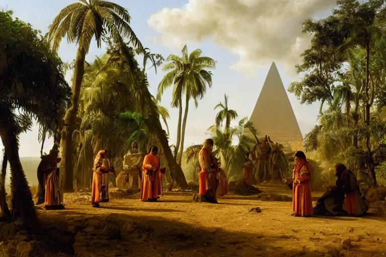 Image similar to Priests bowing before Aztec pyramid in jungle by Ludwig Deutsch and Rudolf Ernst, strong dramatic cinematic lighting, lost civilizations, smooth, sharp focus, extremely detailed