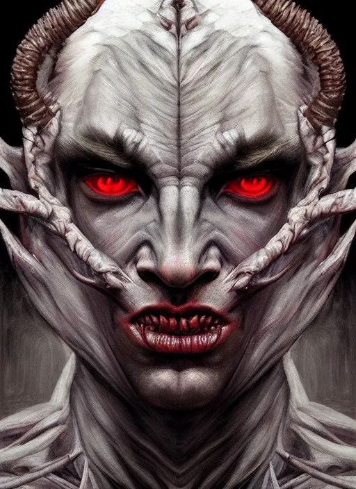 Image similar to half demon half human man intricate skin pattern texture, elegant, peaceful, playful full body, white horns, hyper realistic, extremely detailed, dnd character art portrait, dark fantasy art, intricate fantasy painting, dramatic lighting, vivid colors, deviant art, artstation, by edgar maxence and caravaggio and michael whelan and delacroix.