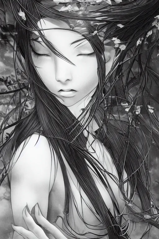 Image similar to a vertical portrait of a character in a scenic environment by Yoshitaka Amano, black and white, dreamy, cybernetic, wavy long black hair, highly detailed