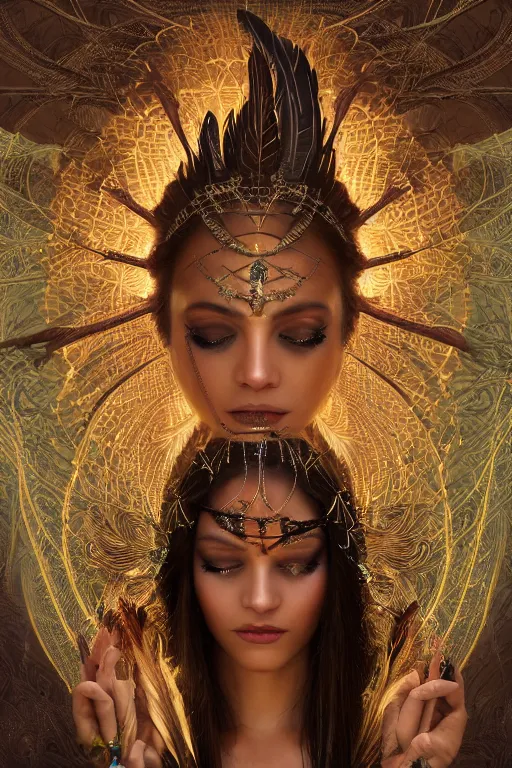 Image similar to a centered render of a single alluring mystical tribal goddess adorned with feathers and gemstones and cables and synthesizer parts is surrounded by sacred geometry made from elven architecture, full body, gorgeous, perfect face, powerful, cinematic, beautifully lit, by artgerm, by karol bak, 3 d, trending on artstation, octane render, 8 k