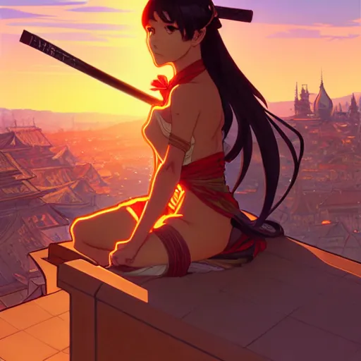 Prompt: digital anime art in the style of netflix arcane, beautiful gorgeous female shinobi sitting on an old oriental roof at sunset, wlop, alphonse mucha, greg rutkowski, ilya kuvshinov, backlit