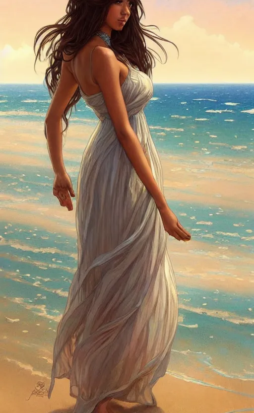 Image similar to a beautiful hannah simone wearing a sundress on the beach, d & d, fantasy, intricate, elegant, highly detailed, digital painting, artstation, concept art, matte, sharp focus, illustration, art by artgerm and greg rutkowski and alphonse mucha