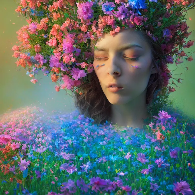 Image similar to a beautiful oil painting hyperrealism of a beautiful young woman, flowers, floral headdress, 8 k resolution, octane render, trending on artstation, by gediminas pranckevicius, volumetric light 2 blue fractal thunder glow by dan mumford, anaglyph effect, laurie lipton