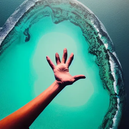 Prompt: an aerial drone shot of a giant 3D sculpted hand reaching out of the ocean in the middle of dawn surrounded by islands, tiny birds fly in the distance, misty atmosphere, 4k ultra high quality