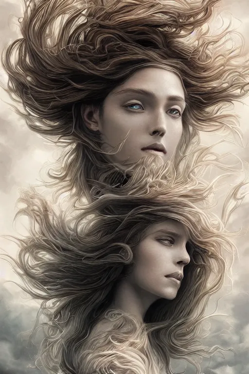 Image similar to wind blowing hair up!!! meditation trance! a celestial surreal creature, dreaming of the void, bust portrait, dnd, fantasy, intricate, elegant, highly detailed, digital painting, artstation, concept art, smooth, sharp focus, illustration, art by artgerm and tom bagshaw and greg rutkowski and alphonse mucha