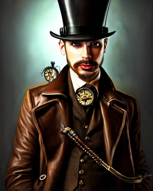 Prompt: steampunk male portrait, handsome, steampunk hat, detective coat, steampunk monocle, dramatic oil painting by robert lesser, pulp art, dramatic lighting, sharp focus, luminous, ray tracing