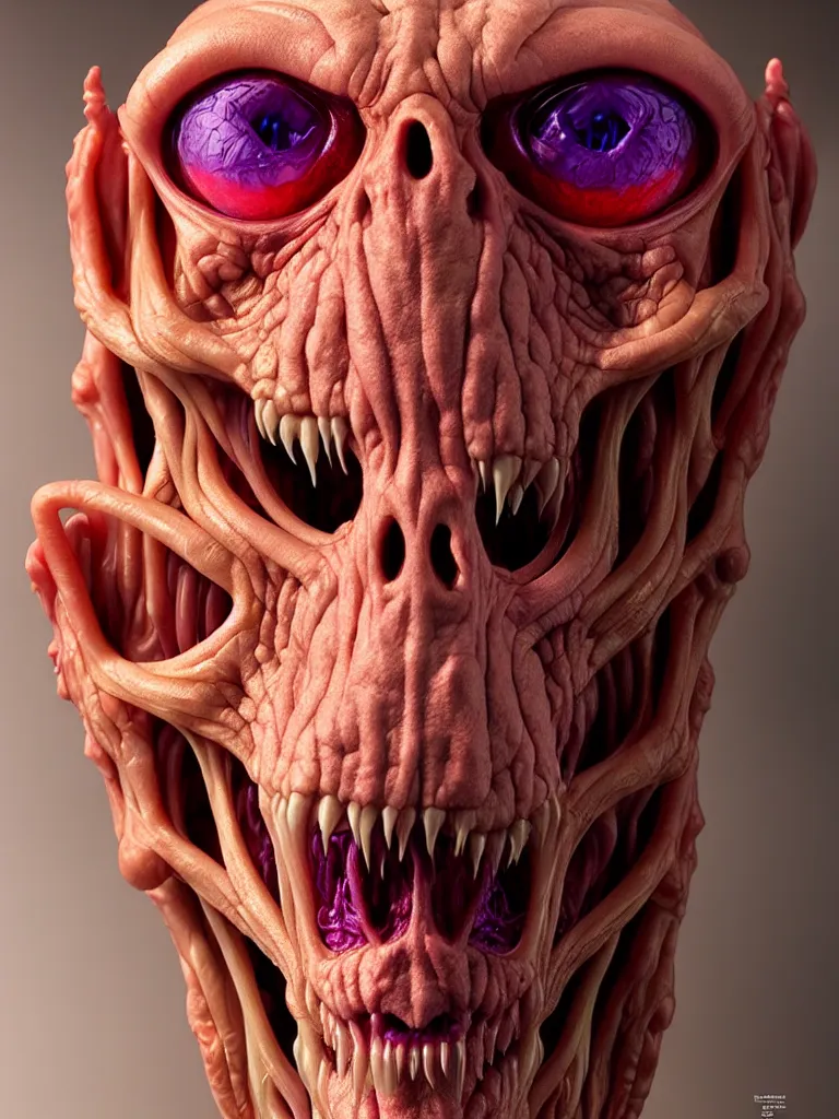 Image similar to hyperrealistic rendering, cronenberg flesh monster skeletor face by donato giancola and greg rutkowski and wayne barlow and zdzisław beksinski, product photography, action figure, sofubi, studio lighting, colored gels