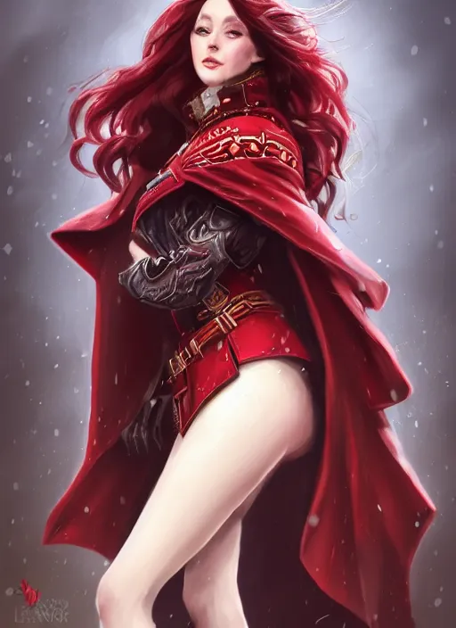 Image similar to a highly detailed illustration of beautiful long dark red haired woman wearing wine red epaulette uniform and coat cape, dramatic smiling pose, intricate, elegant, highly detailed, centered, digital painting, artstation, concept art, smooth, sharp focus, league of legends concept art, wlop