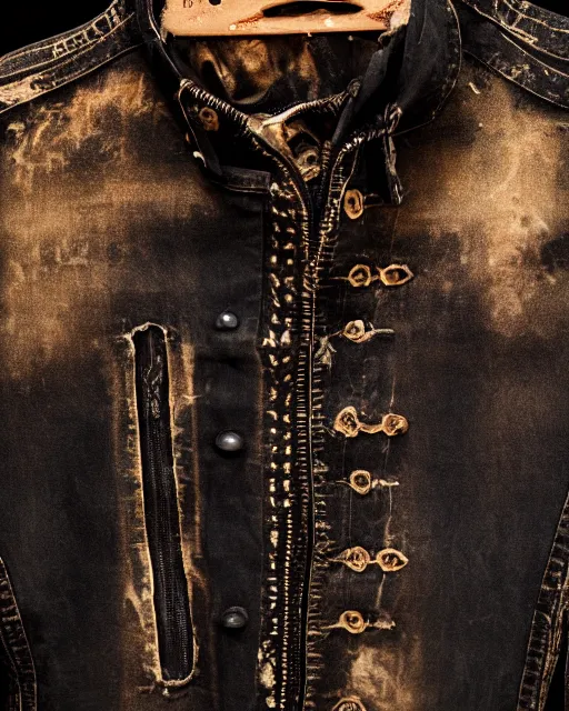 Prompt: a 5 0 mm award - winning photo of a thick plain cropped extremely baggy distressed pirate designer menswear cloth jacket designed by alexander mcqueen, 4 k, studio lighting, wide angle lens