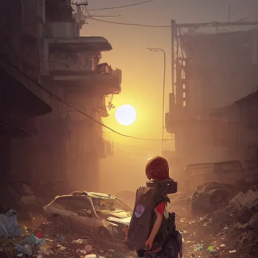 Image similar to poor detailed child with backpack standing at cars looking for food at garbage dump, destroyed cars, city is pure wasteland, moody sunset in background, greg rutkowski, alphonse mucha, trending on artstation, artgerm, unreal engine, breathtaking, award winning, highly detailed