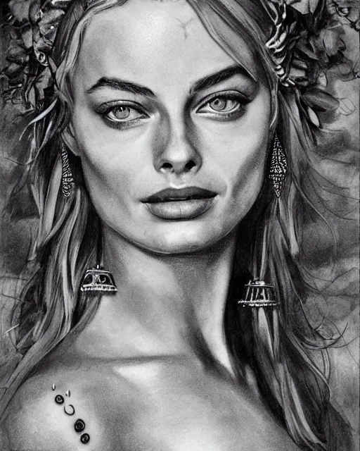 Image similar to realism tattoo sketch of margot robbie as a beautiful greek goddess aphrodite with piercing eyes wearing a laurel wreath and triangle earrings, in the style of greg rutkowski, amazing detail