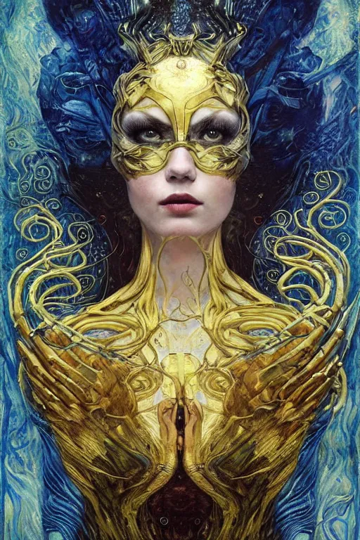 Image similar to Intermittent Chance of Chaos Muse by Karol Bak, Jean Deville, Gustav Klimt, and Vincent Van Gogh, beautiful Surreality portrait, enigma, Loki's Pet Project, destiny, Poe's Angel, fate, inspiration, muse, otherworldly, fractal structures, arcane, ornate gilded medieval icon, third eye, spirals