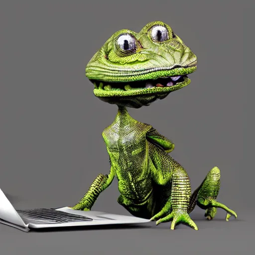 Prompt: cute scaly alien hybrid creature insect reptile with glasses sitting upright working at laptop computer photo realistic detailed 3d render