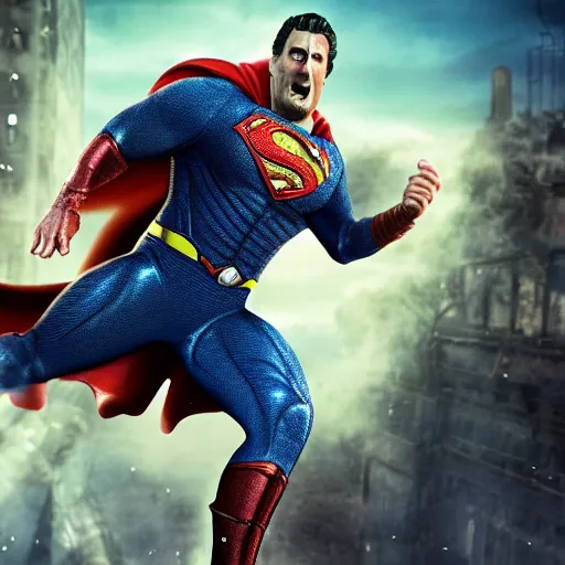 Image similar to pickle rick as superman! flying in ( gears of war ), splash art, movie still, detailed face, photorealistic facial features, cinematic lighting, dramatic, octane render, long lens, shallow depth of field, bokeh, anamorphic lens flare, 8 k, hyper detailed, 3 5 mm film grain