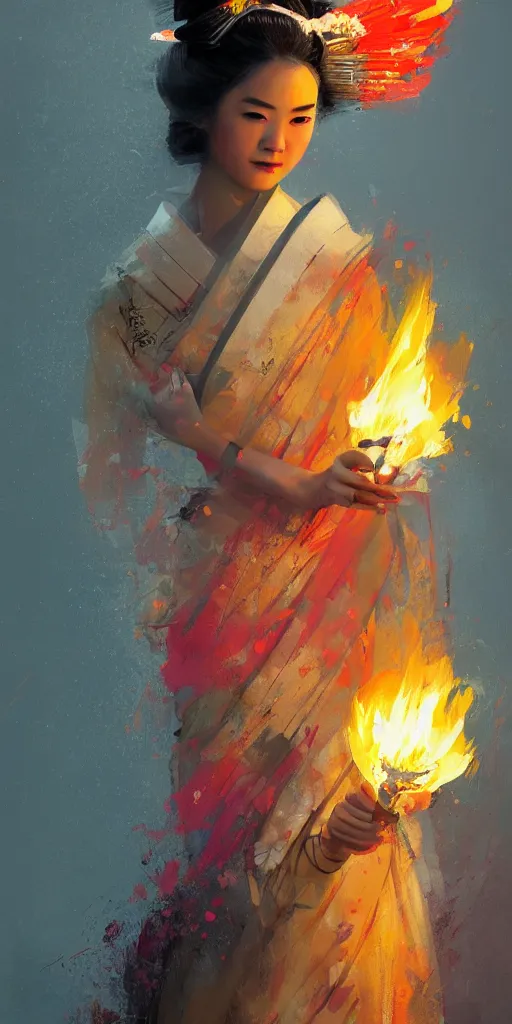 Image similar to female geisha girl holding a colorful flame, beautiful face, colourful, rule of thirds, intricate outfit, spotlight, by greg rutkowski, by jeremy mann, digital painting