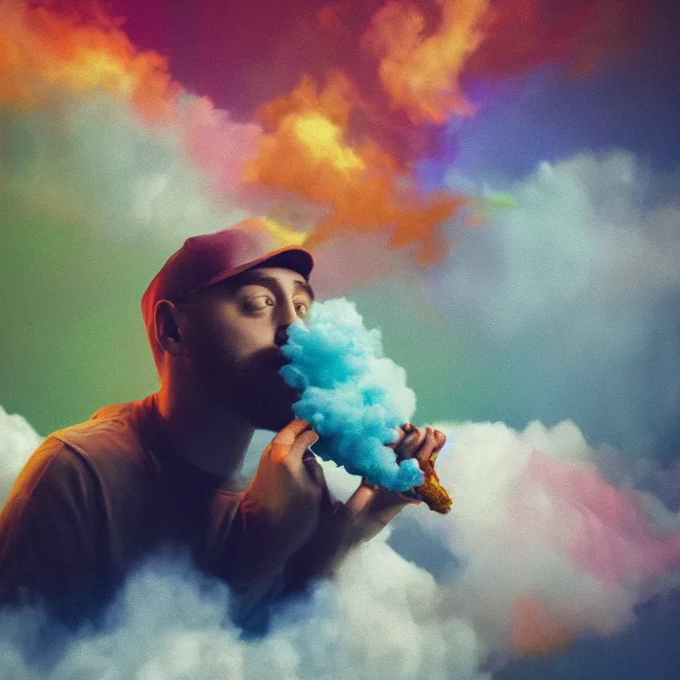 Image similar to mac miller blowing out a colorful cloud holding a joint, cinematic lighting, octane render, a wonderful painting by mateusz urbanowicz