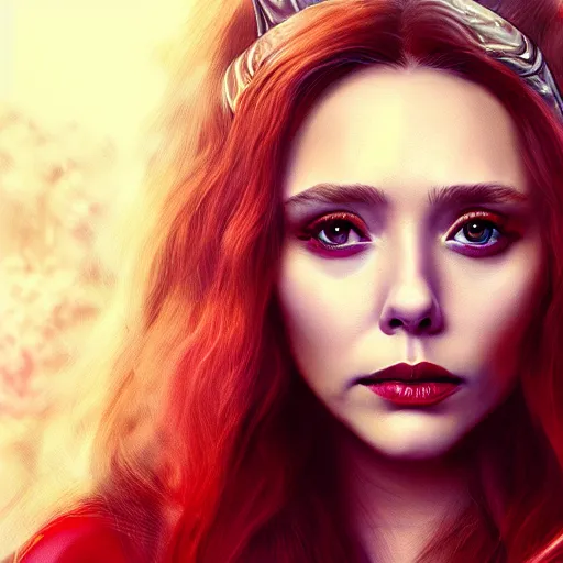 Prompt: A portrait of elizabeth Olsen as scarlet witch with horns, cinematic, digital art, amazing detail