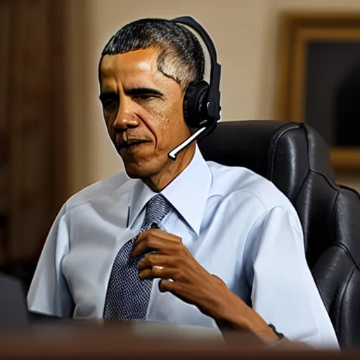 Image similar to Obama with gaming headset sitting at a desk with gaming gear and an RGB PC