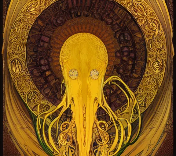 Prompt: Hastur the King in Yellow, art nouveau portrait of an eldritch elder god, by alphonse mucha, Adolfo Hohenstein, Alice Russell Glenny, Stanley Artgerm Lau, greg rutkowski, detailed 4k artwork trending on artstation, smooth, sharp focus