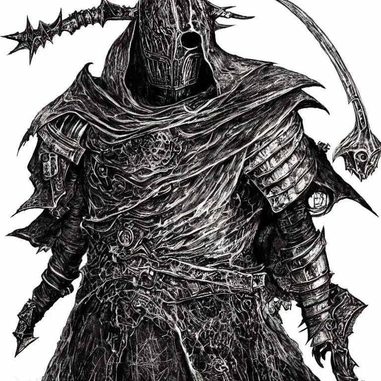 Image similar to Folk horror portrait of the ashen one from dark souls III (dark souls 3), detailed illustration by Yoshitaka Amano