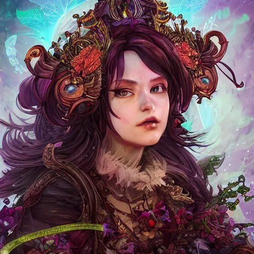 Image similar to the portrait of chaotic good female druid alchemist as absurdly beautiful, gorgeous, elegant, gravure idol, an ultrafine hyperdetailed illustration by kim jung gi, irakli nadar, intricate linework, sharp focus, bright colors, octopath traveler, final fantasy, unreal engine 5 highly rendered, global illumination, radiant light, detailed and intricate environment