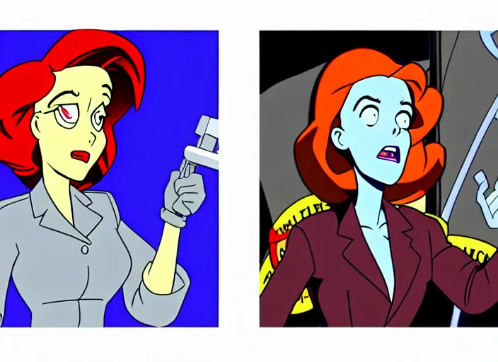 Prompt: dana scully on the real ghostbusters, shaded animation cel, anime, sharp detail, animation cel, thin linework, in the style of don bluth, bruce timm, stephen silver, studio trigger, 5 k, hd