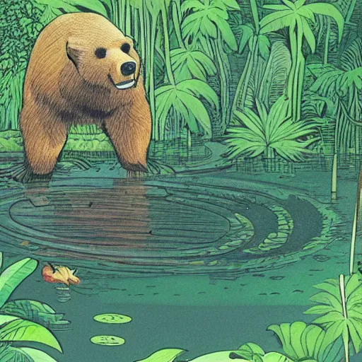 Image similar to a bear sitting in a pond in a lush jungle together with a guitarist, drawing by moebius