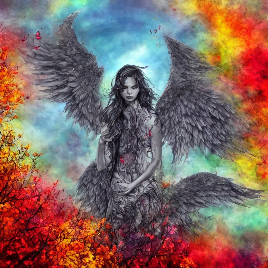 Prompt: dying grey demon with huge wide angel wings laying in beautiful summer flowers in amazing serene landscape in sun rays All the flowers around me are blooming. Lovely . Red burning meteor falling on background. Rainbow. Raining. Starts falling. Incredible colors. Hyperdetailed. Autumn color scheme.