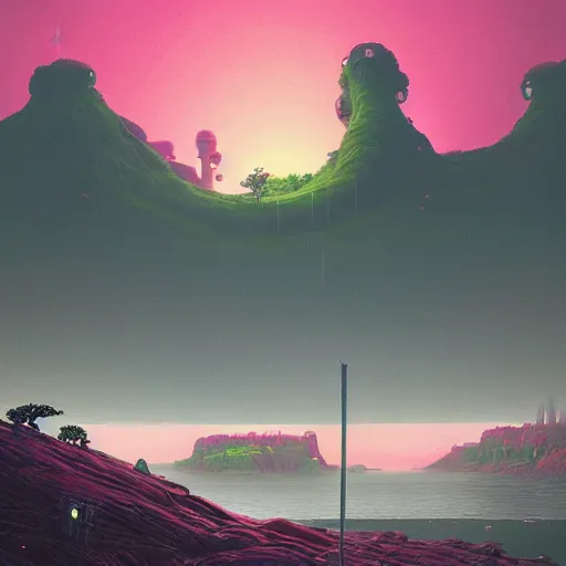 Image similar to digital artwork of a lush natural scene on an alien planet by simon stalenhag. extremely detailed. science fiction. interesting color scheme. beautiful landscape. weird vegetation. cliffs and water.