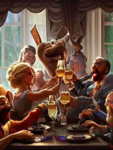 Prompt: a group of friends, cheers! party hooray! intricate, elegant, highly detailed, digital painting, artstation, concept art, sharp focus, illustration, by justin gerard and artgerm, 8 k