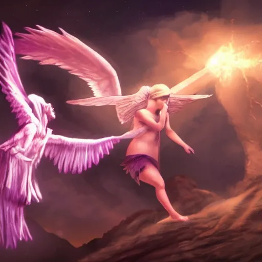 Image similar to an angel playing a video game against a demon