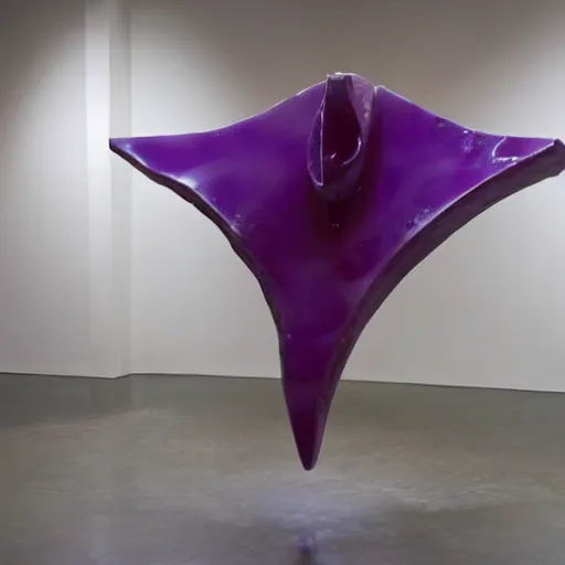 Prompt: an abstract sculpture by matthew barney in purple wax floating in jean prouve design